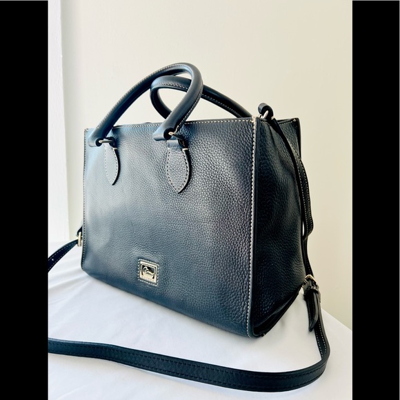 Dooney & Bourke Black Pebble Grain Leather Satchel Signature Design Canvas Lined - Picture 9 of 12